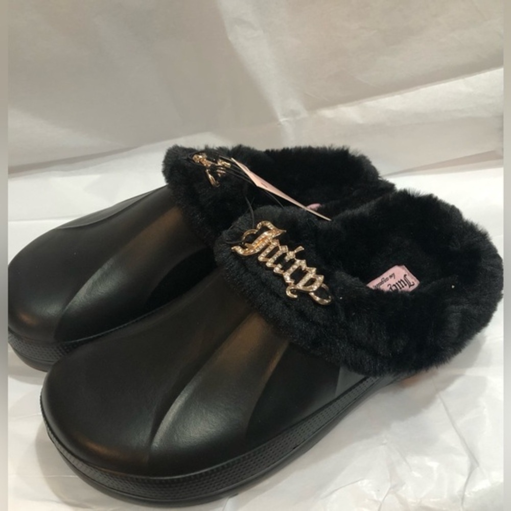 Juicy Couture black faux fur bling juicy monogram emblem croc clog shoes size 10
